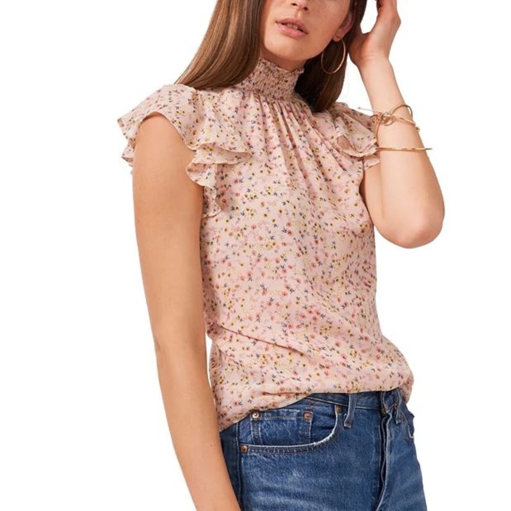 1. State Pink Floral Smocked Ruffle Neck Blouse